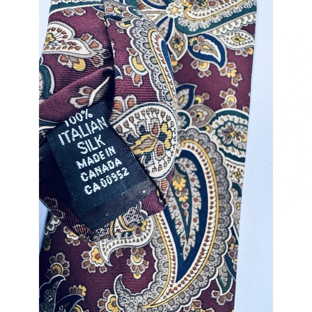 Allen Edmonds Paisley Silk‎ Tie Burgundy Blue Gold Italian Silk Made in Canada
